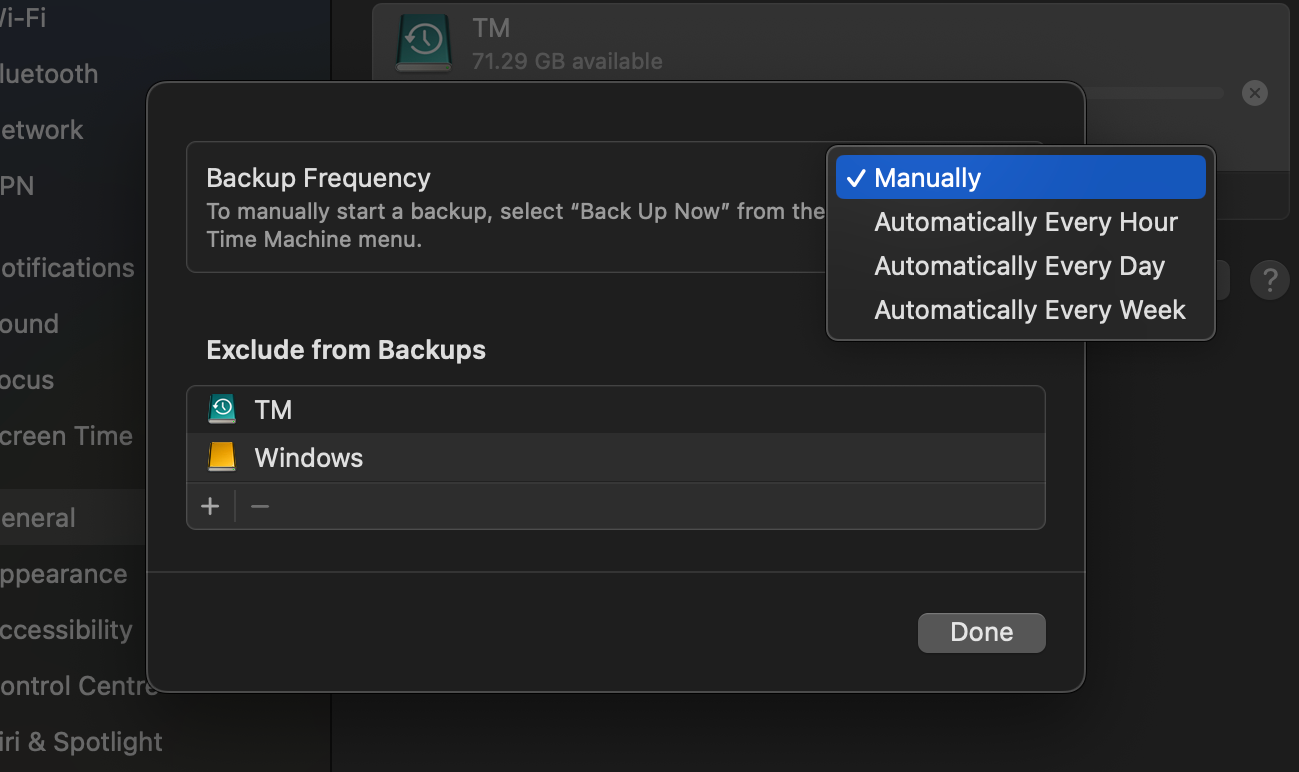 Set Time Machine frequency to Manual.