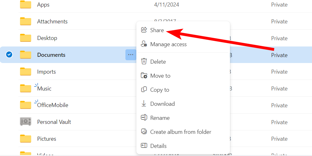 The menu to share a file in OneDrive.