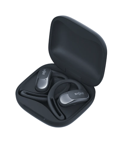 The Shokz OpenFit Air earbuds in their case.