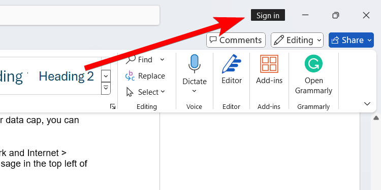 The "Sign In" button in Microsoft Word.