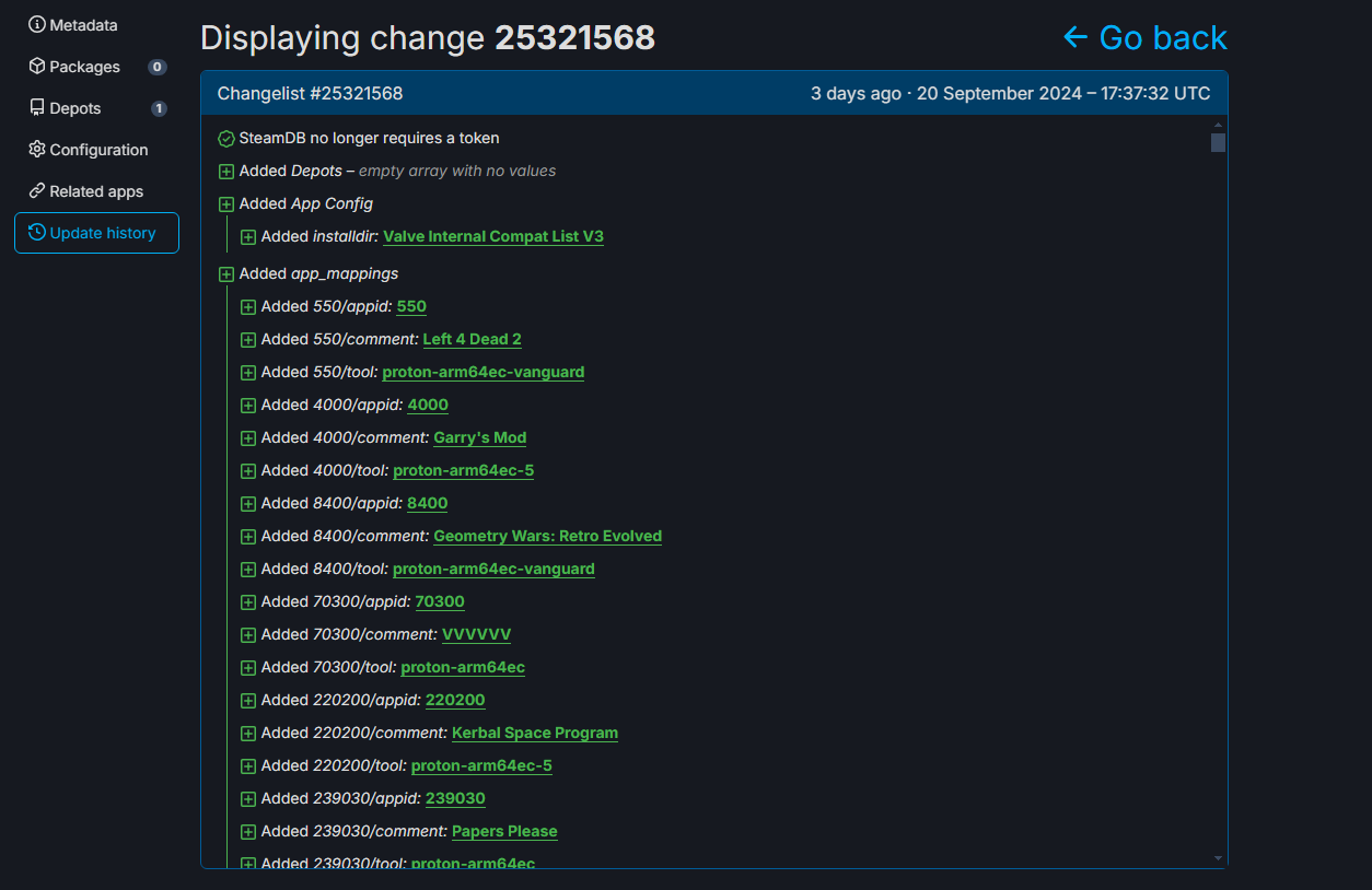 Steam DB changelog with game names