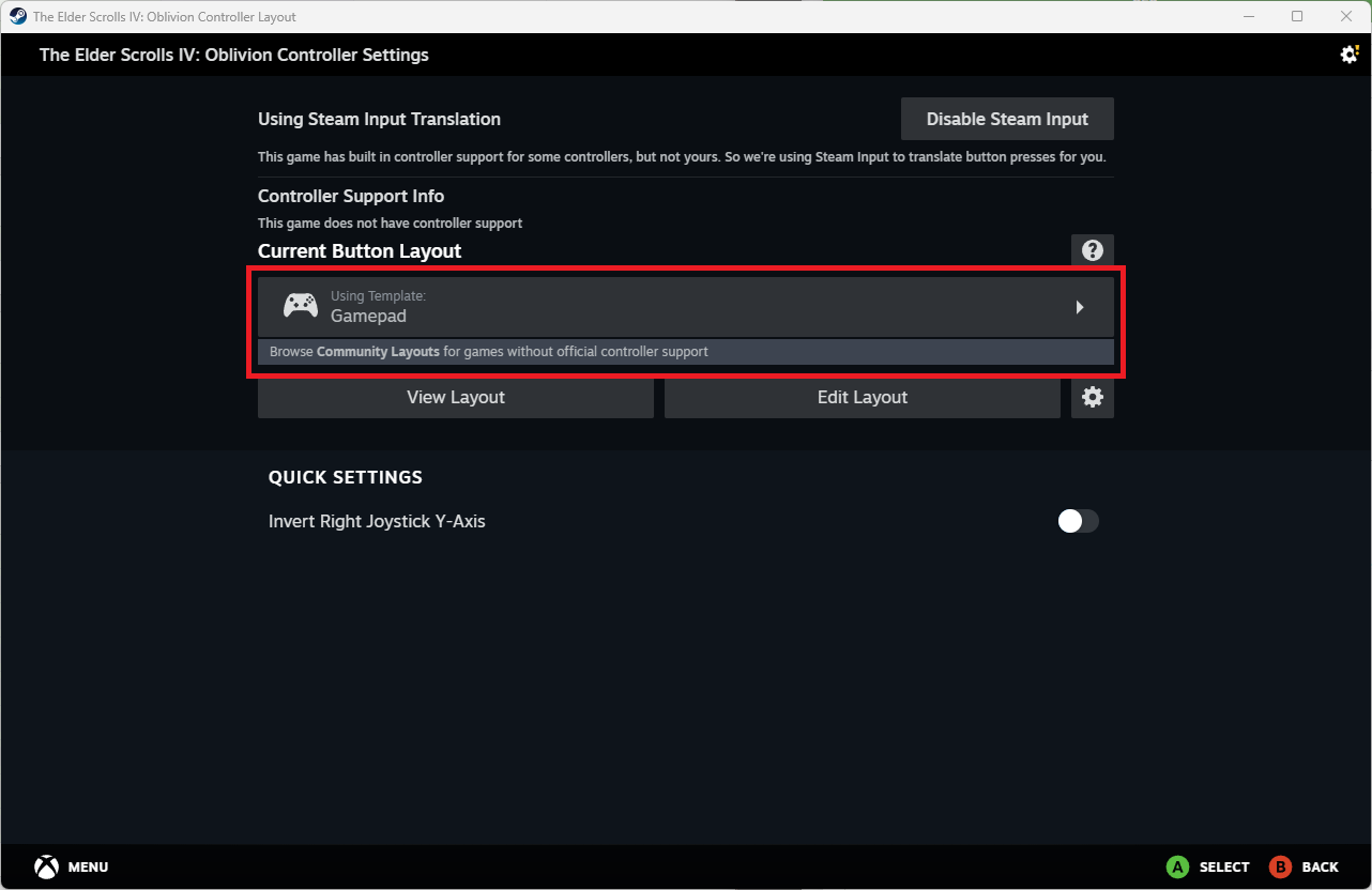 Steam Input current template button.