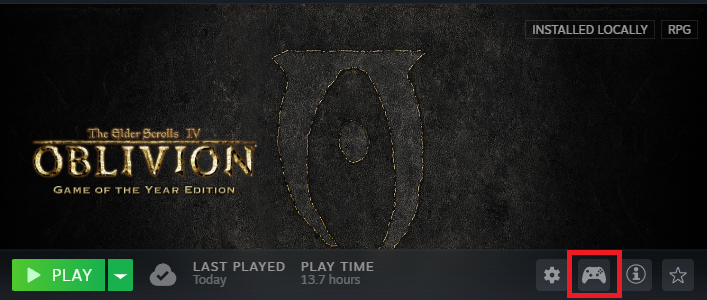 The Steam Input button on the Oblivion home page.