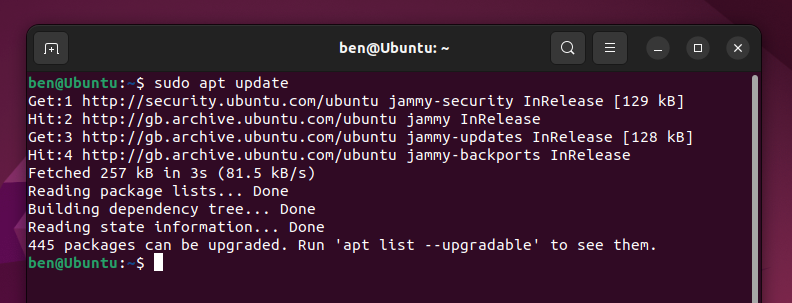 Type sudo apt update into the Ubuntu terminal and press Enter to update your software package repository list.