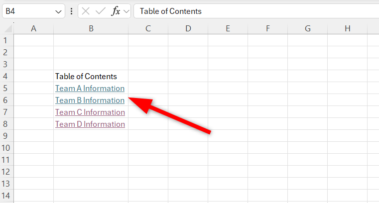 Displaying Table of Contents with hyperlink in Excel worksheet.