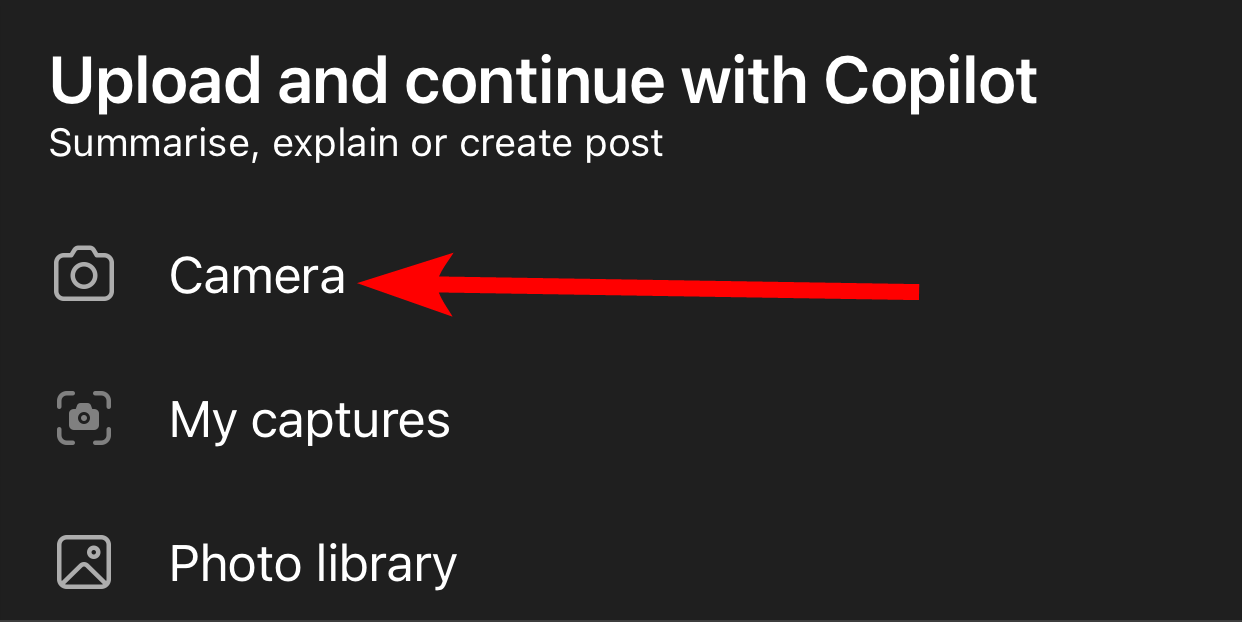 The "Camera" option when searching with Copilot in the Microsoft 365 app on iPhone.