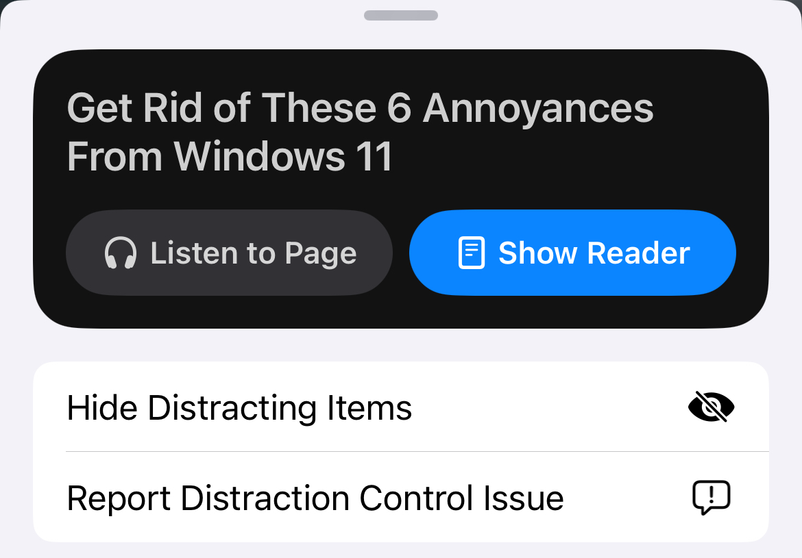 The %22Hide Distracting Items%22 button in website options for Safari.