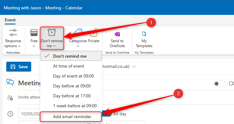 The Add Email Reminder option in the new Outlook's Calendar.