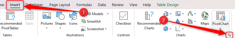 The Charts dialog box icon in the Charts group of the Insert tab.