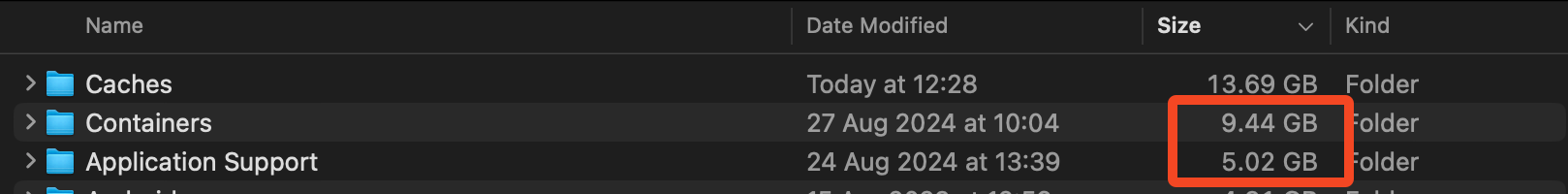 The Containers and Application Support folders in macOS Finder.