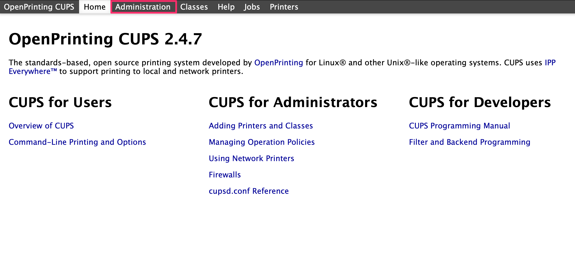 The CUPS web interface home screen.