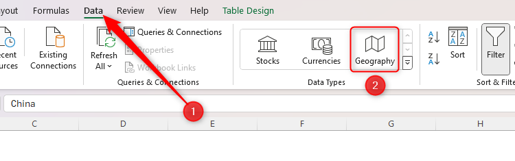 The Data tab in Excel, with the Charts button highlighted.