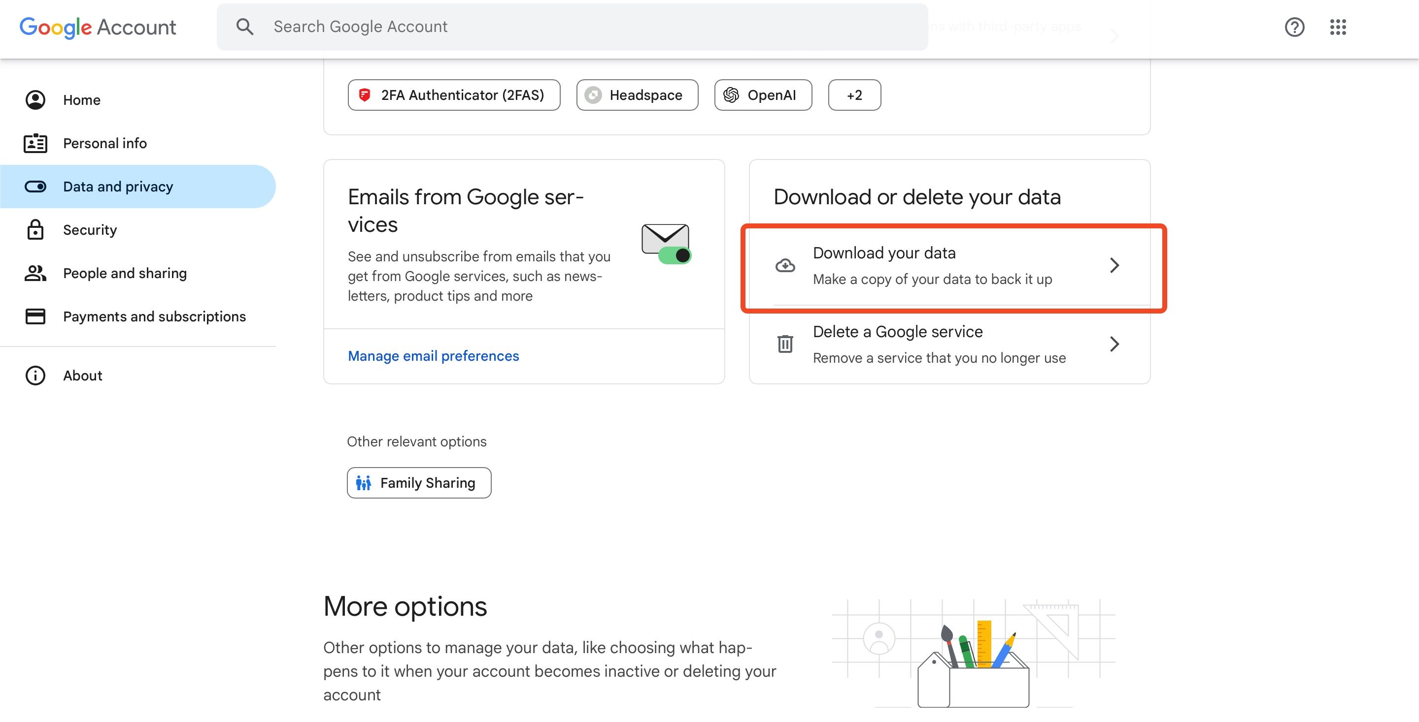 The Download Your Data option in the Google Account settings.