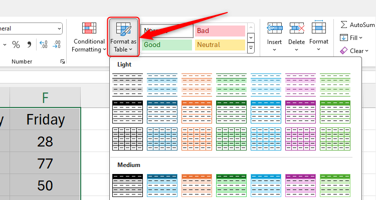 The Format As Table option in Excel is opened, with the choices displayed beneath.