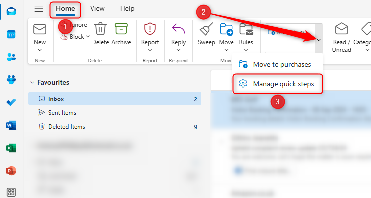 The Manage Quick Steps option in the Home tab on the ribbon in the new Outlook.