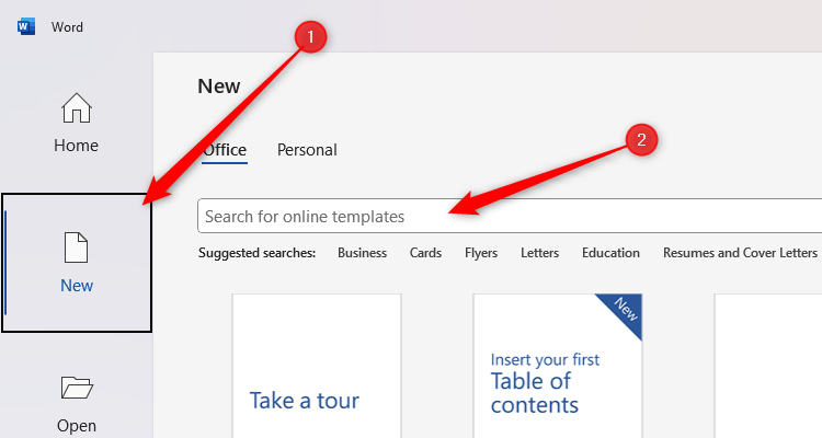 The Microsoft Word 'New' menu, with the search field highlighted.