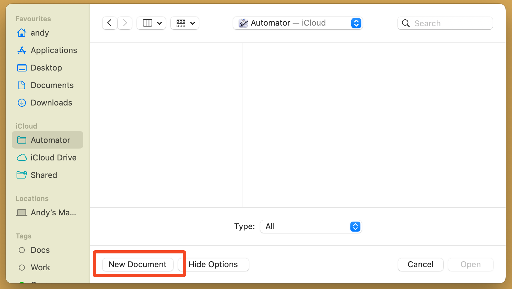 The New Document option in Automator.