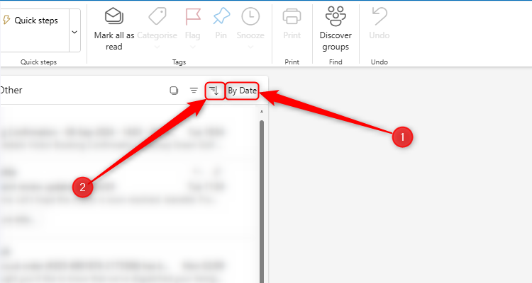 The new Outlook email organization options, with By Date selected, and the chronology adjusted to place the newest emails at the top of the folder.