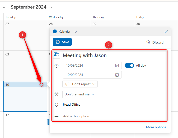 The new Outlook's Calendar, with a date selected and details for the event entered into the floating window.