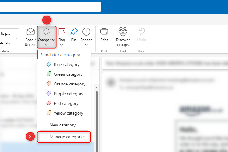 The new Outlook's Categorize drop-down, with Manage Categories selected.