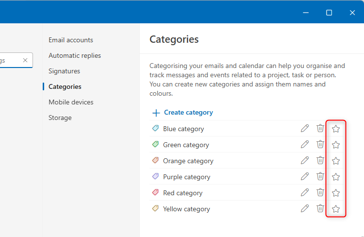 The new Outlook's Category window, with the Favorites stars highlighted.