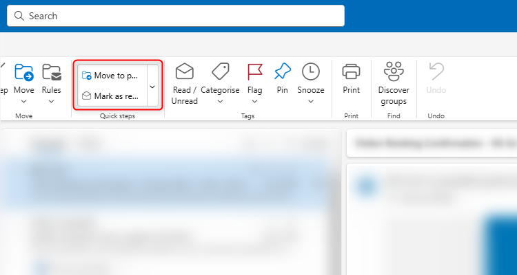 The Quick Steps box in the Home tab of the new Outlook ribbon.