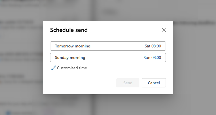 The Schedule Send window in the new Outlook for Windows.