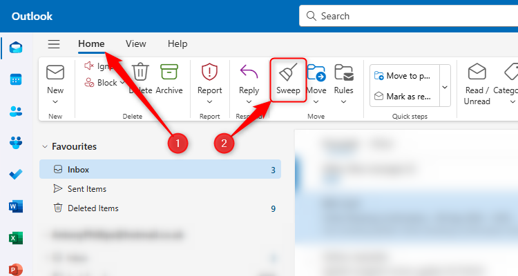 The Sweep icon in the Home tab of the new Outlook is selected.