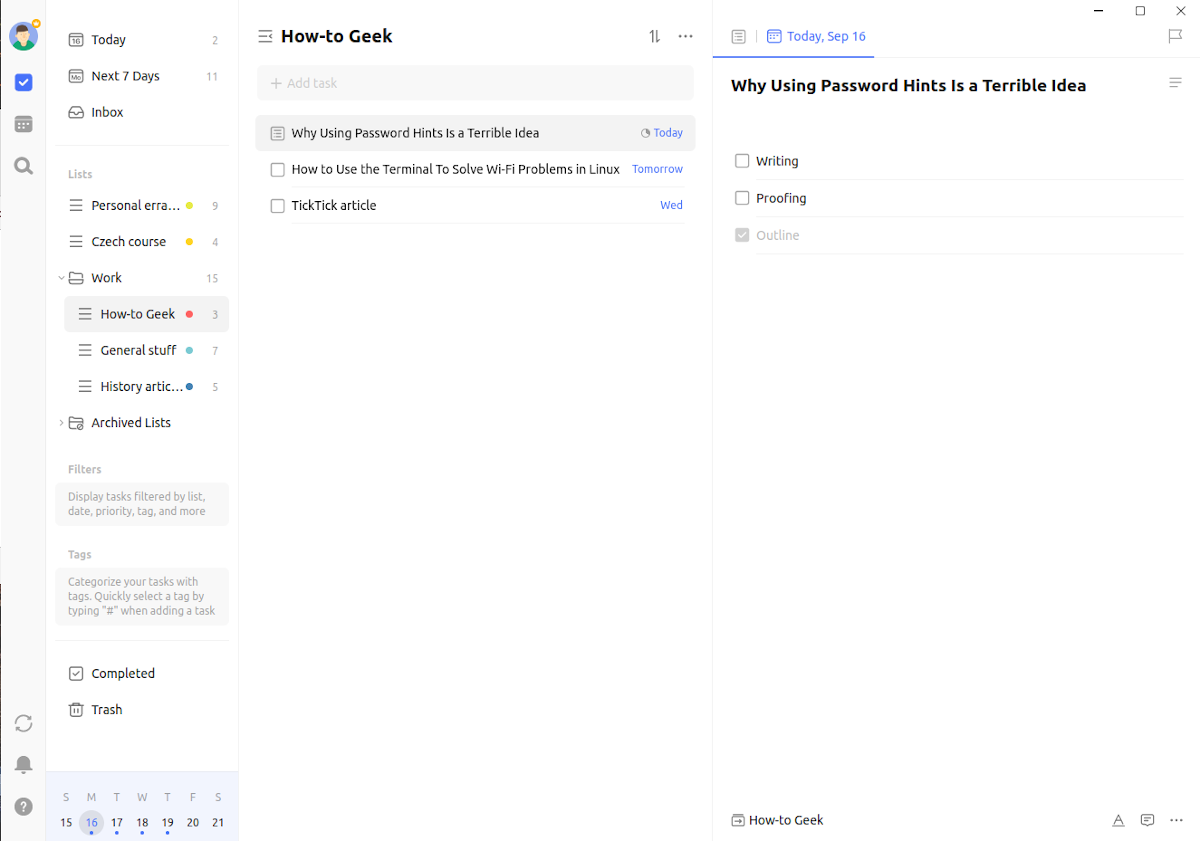 Setting up subtasks in TickTick.