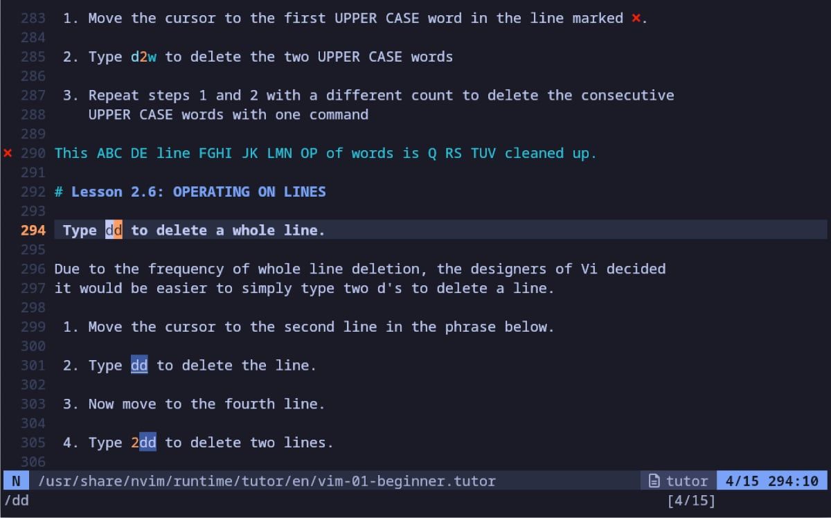 Tutor showing how to delete lines in in Neovim.