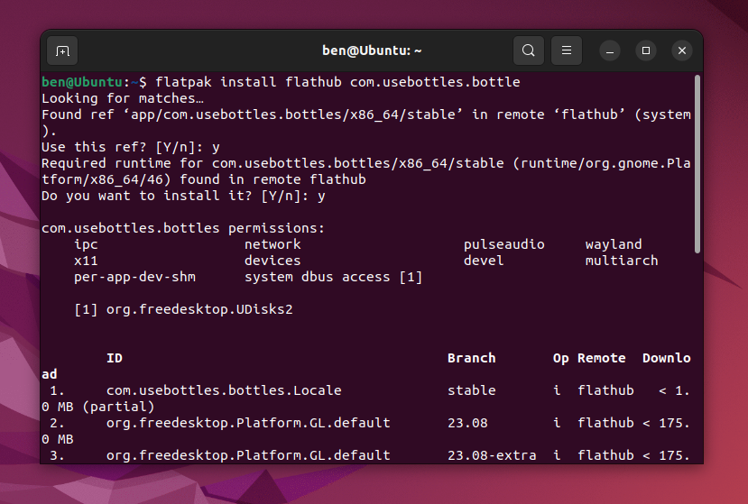 The process for installing Bottles on Ubuntu using the Flatpak installer.