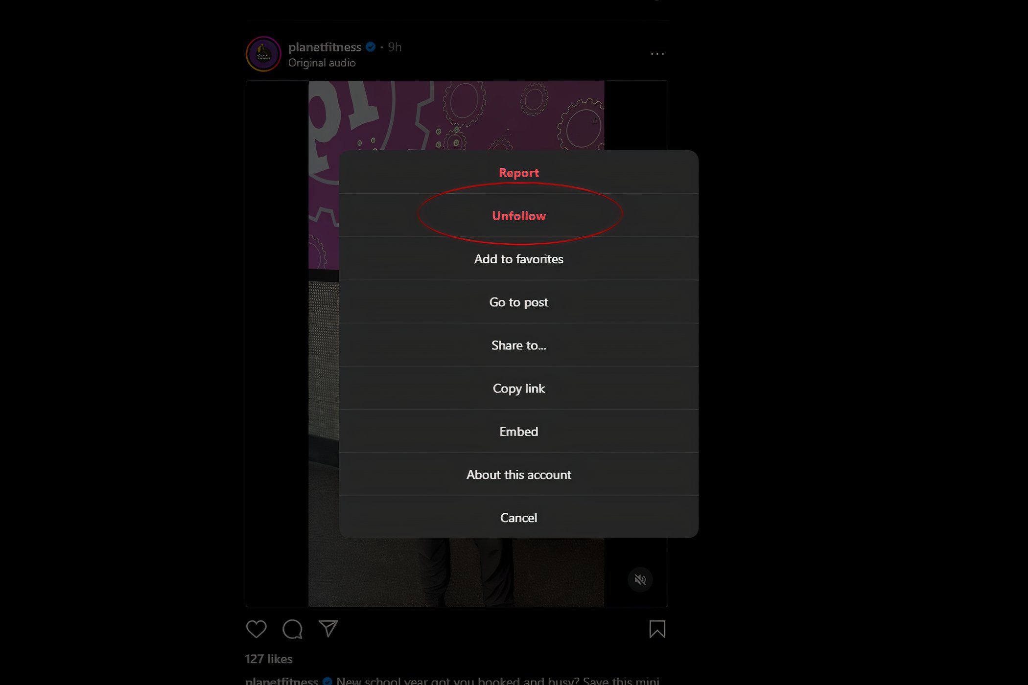 Screenshot of the unfollow button on an Instagram post.