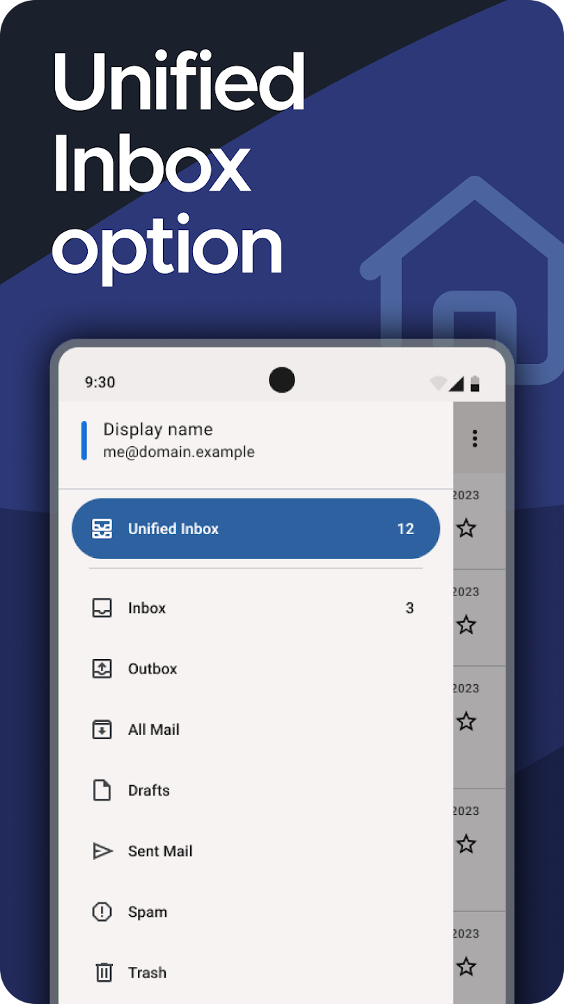 Mobile interface displaying a Unified Inbox option with a list of email categories and a home icon in the background.