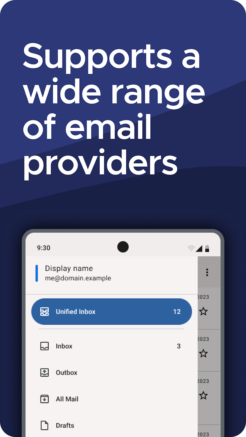 Interface showing an email app's unified inbox with options for inbox, outbox, and drafts, highlighting email provider support.
