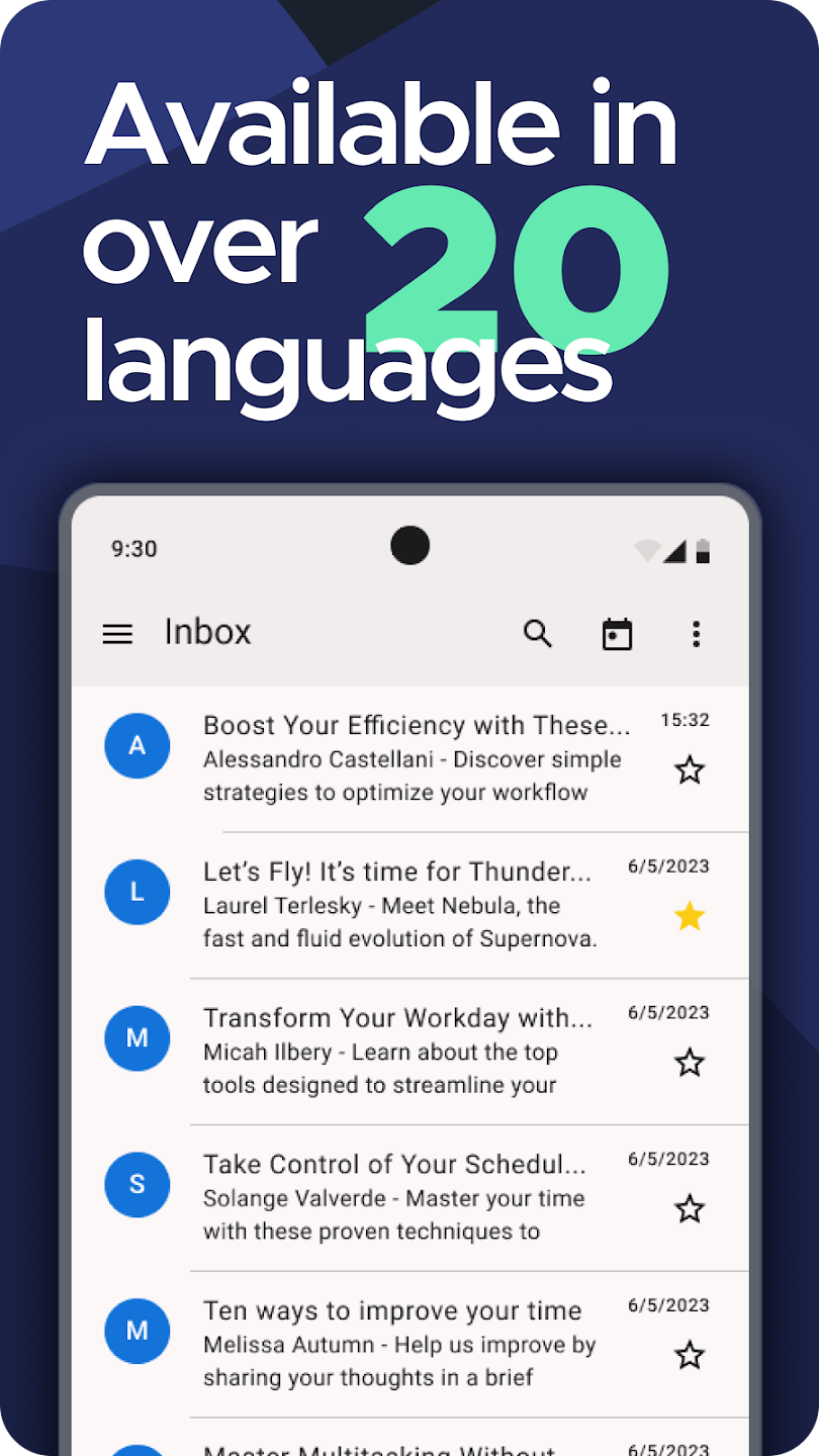 A smartphone screen displaying an email inbox with colorful text, showcasing features and dates, highlighted in over 20 languages.