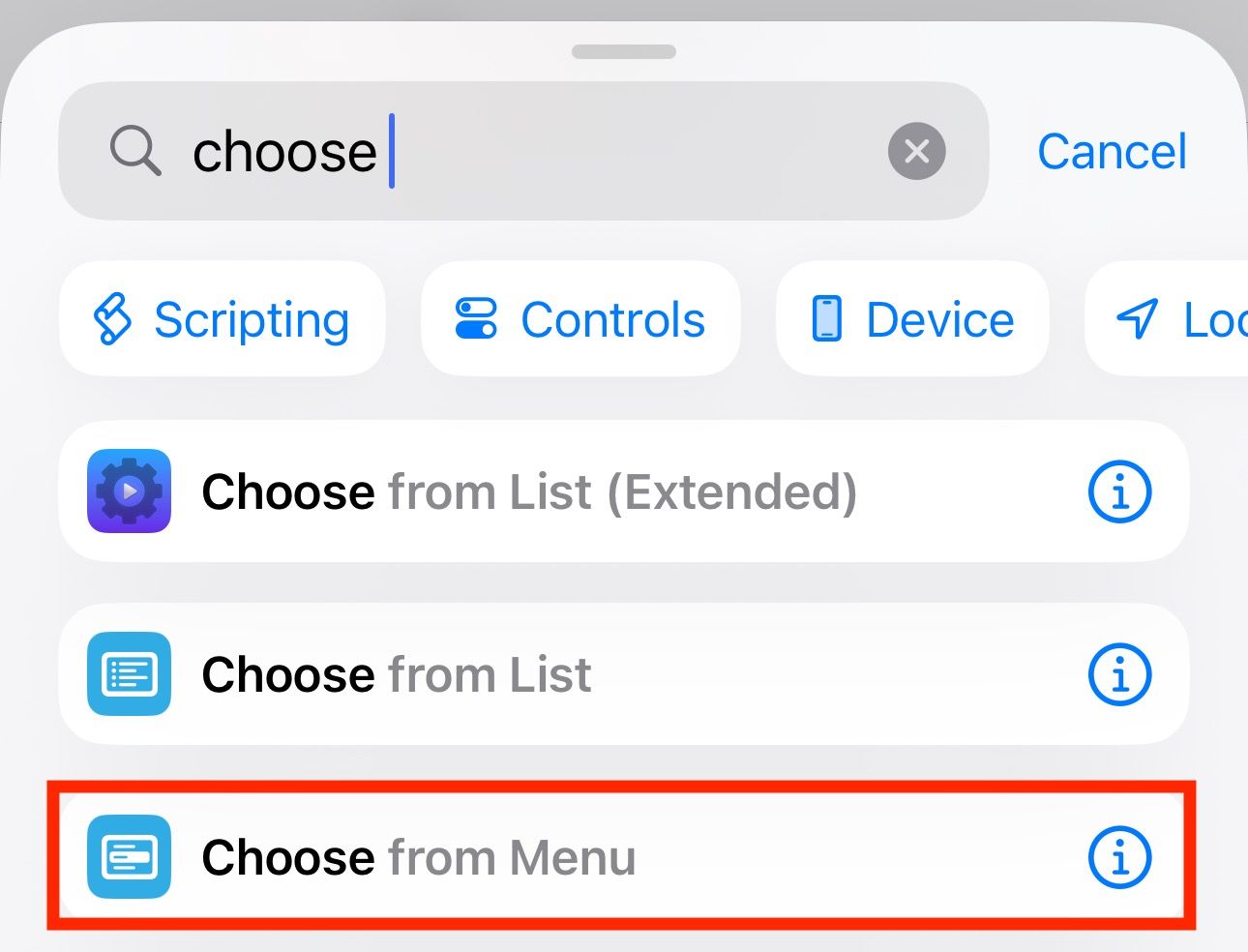 Finding and adding the Chosoe from Menu action to the shortcut.