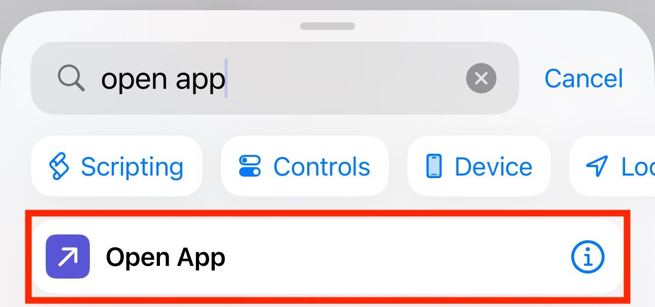 Finding and adding the Open App action to the shortcut.