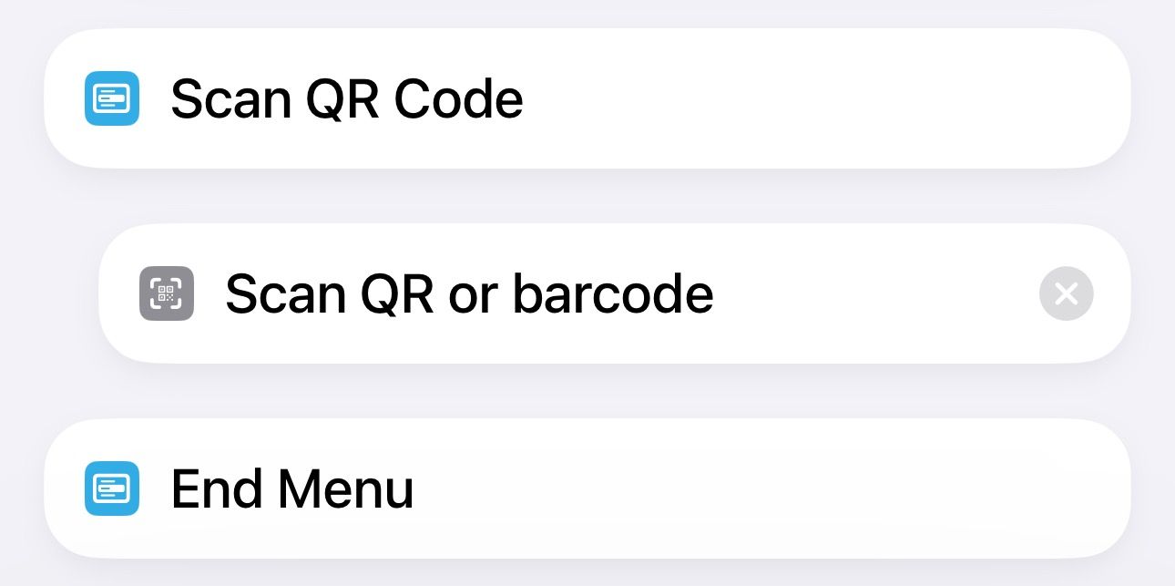 Finding and adding the Scan QR or barcode action under its action header in a shortcut.