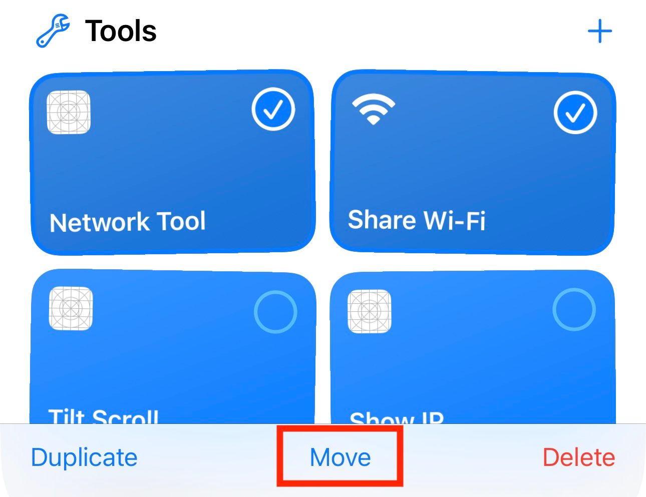 Moving shortcuts to a new folder in the Shortcuts app.