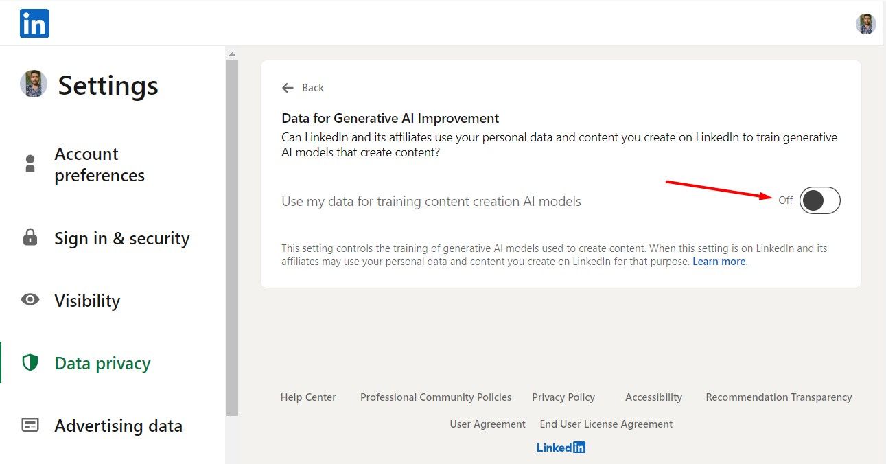 Use My Data for Training Content Creation AI Models toggle in LinkedIn Settings page.