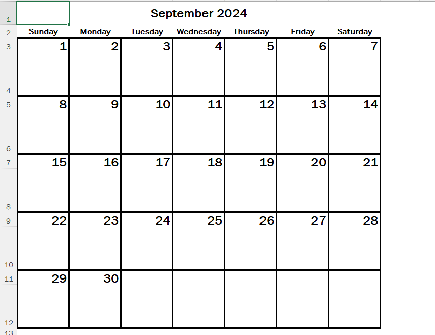 Monthly calendar created using VBA code.