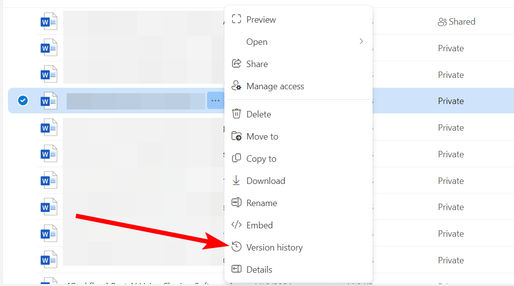 The "Version History" option on OneDrive.