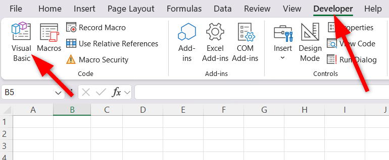 Opening the Visual Basic editor.