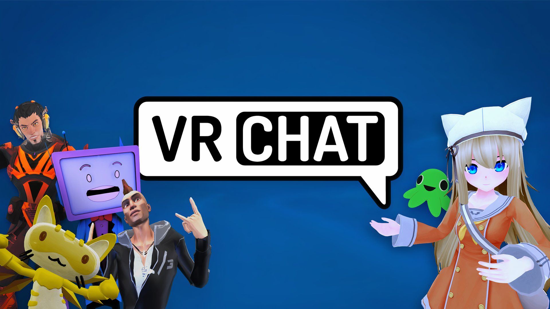 The VRChat logo flanked by some avatars.