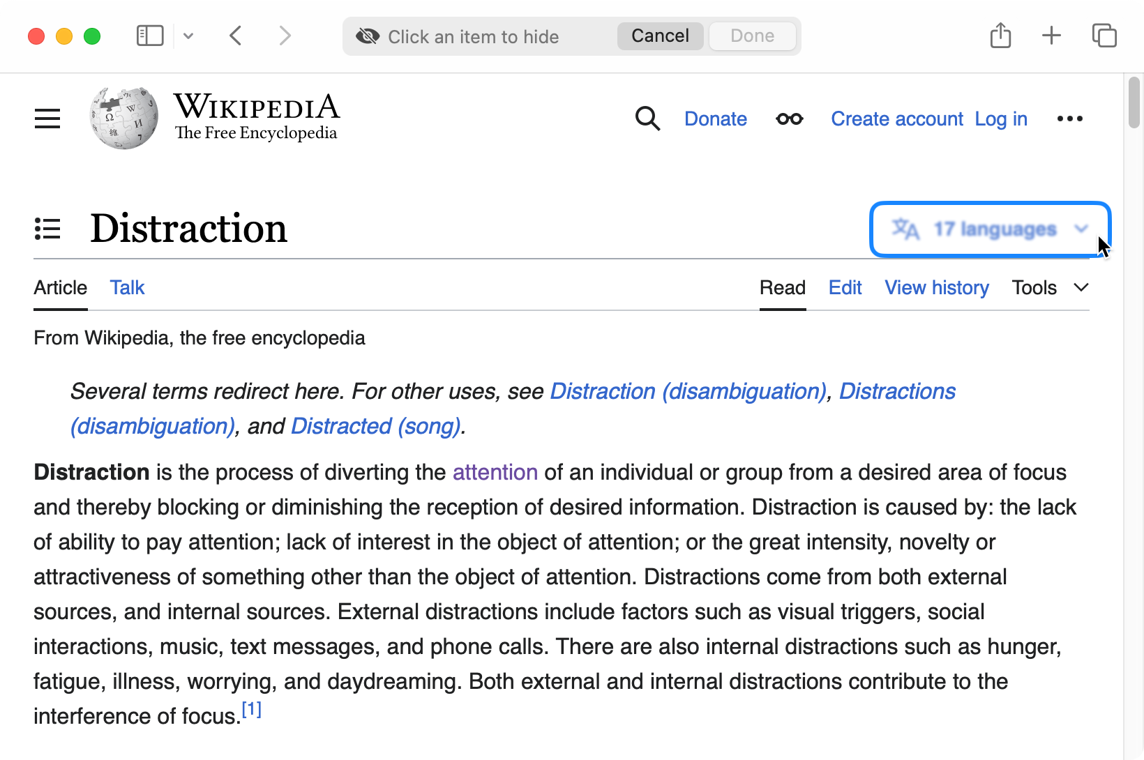 Hovering over an element on Wikipedia using Safari's Distraction Control.