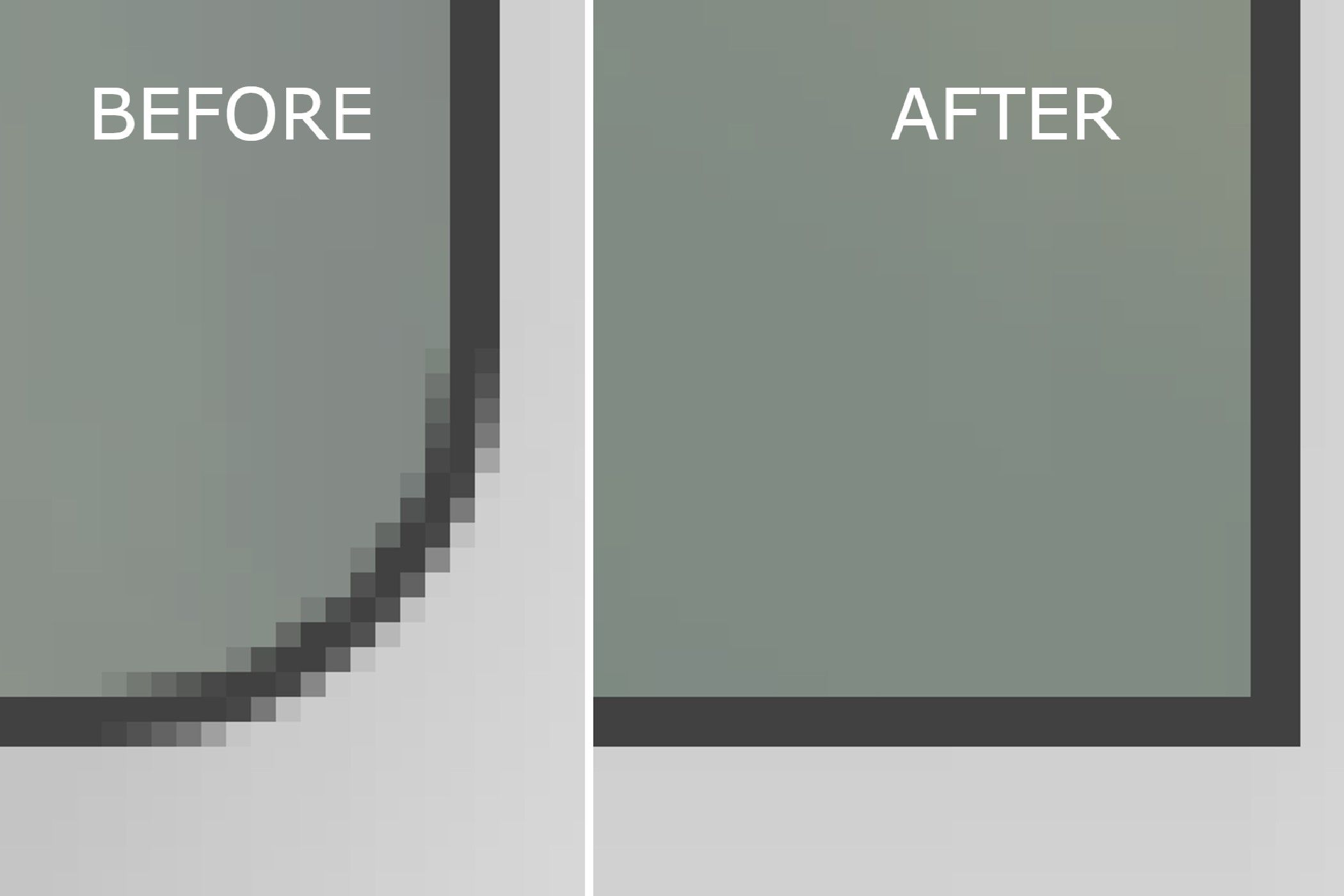 A round window corner before the update, and a square window corner after the update.