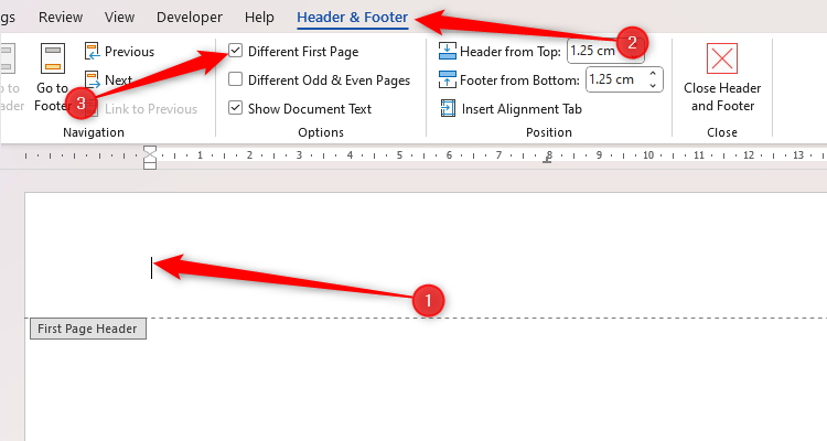 Word's Header And Footer tab, with Different First Page checked.