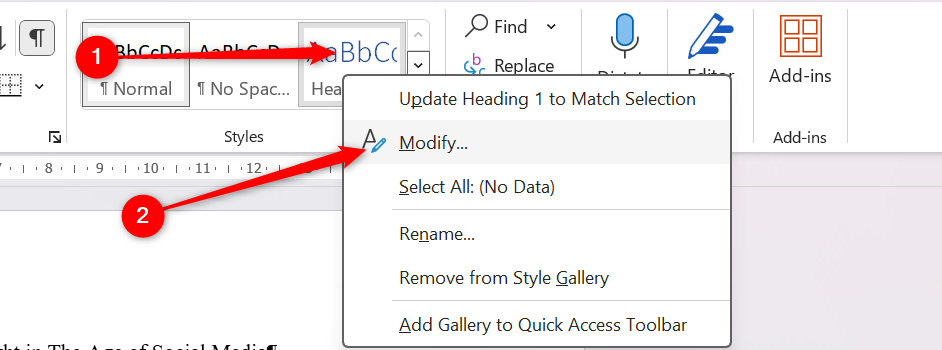 The Styles pane in the Microsoft Word Ribbon