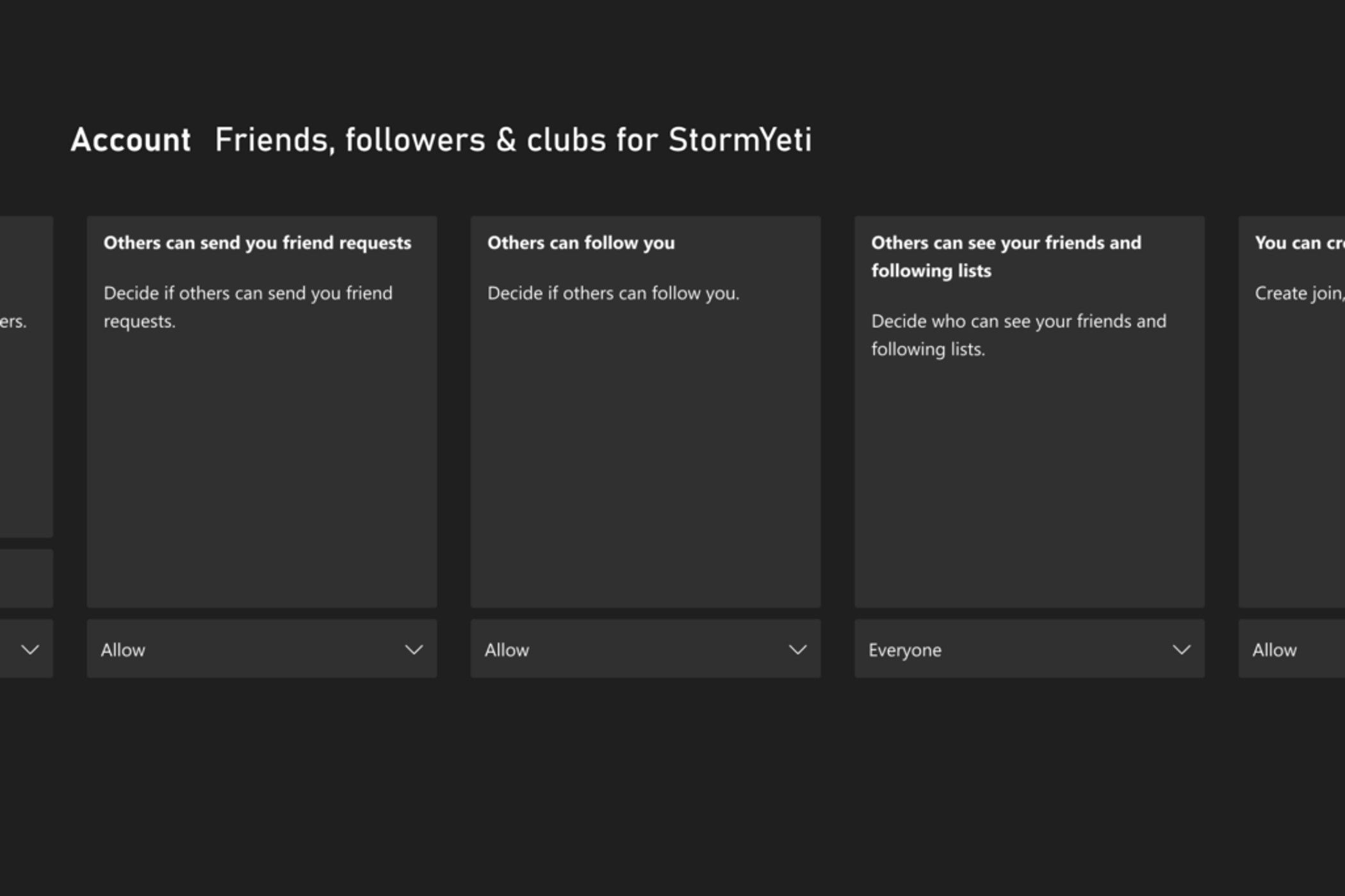 The Xbox account Preference menu