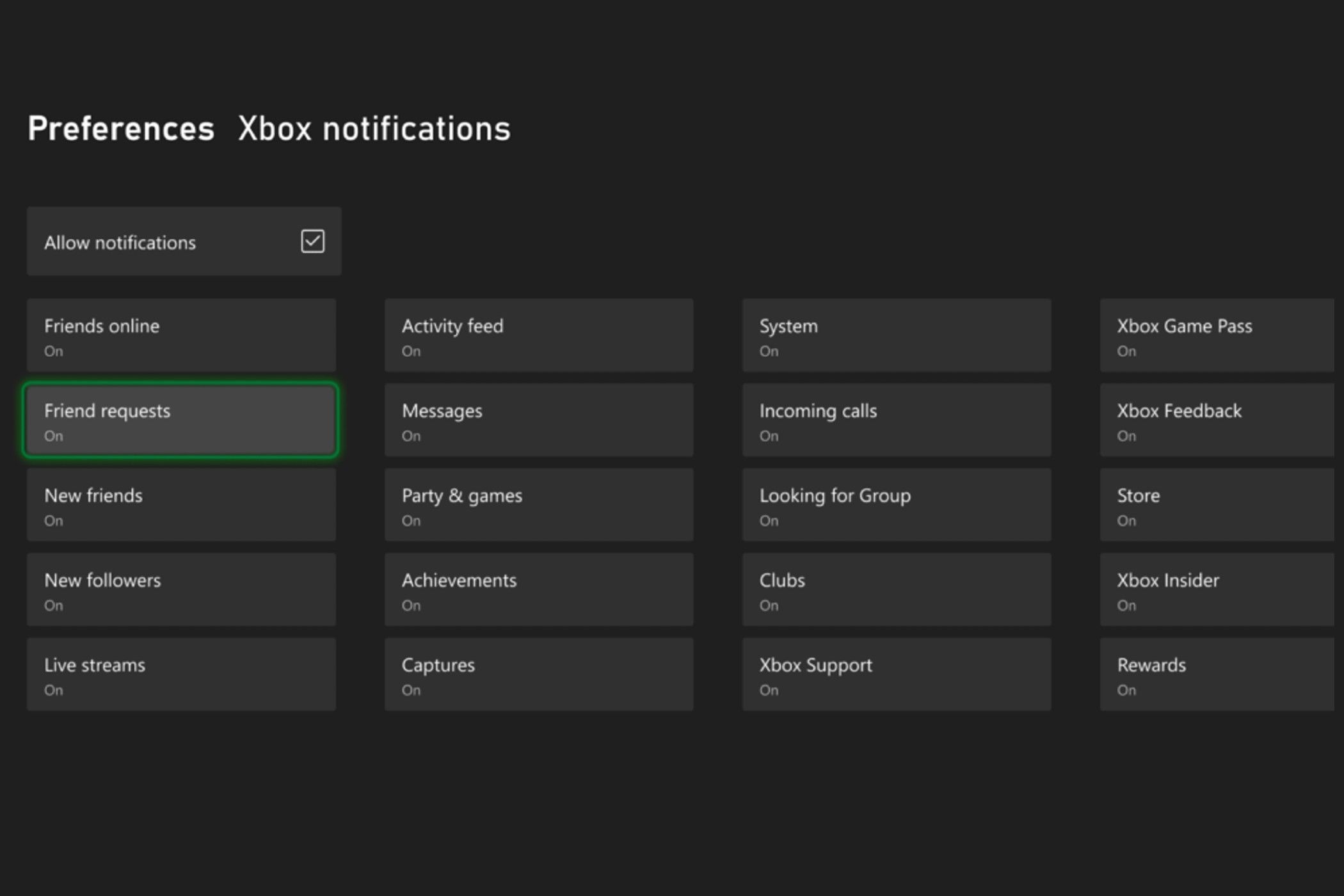 The Xbox notifications Preference menu highlighting friend requests